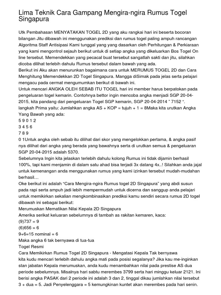 Lima Teknik Cara Gampang Mengira Ngira Rumus Togel Singapura