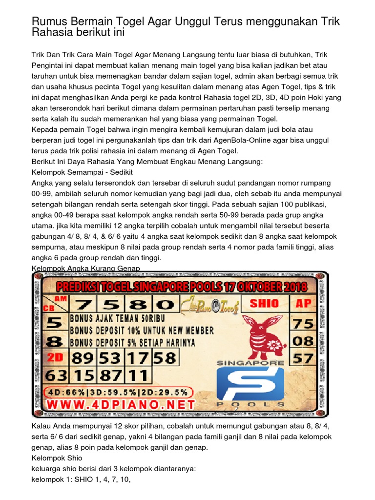 Rumus Bermain Togel Agar Unggul Terus Menggunakan Trik Rahasia Berikut Ini