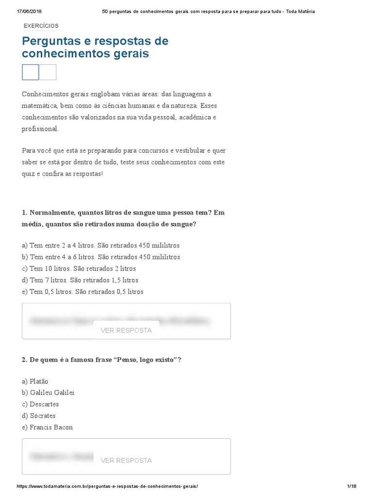 Quiz, Perguntas de Conhecimentos Gerais com Respostas para Estudar - Baixar  pdf de