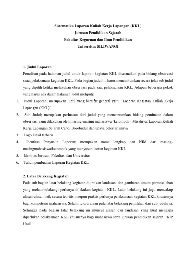 Sistematika Laporan Kuliah Kerja Lapangan Kkl Jurusan Pendidikan Sejarah Fakultas Keguruan Dan Ilmu Pendidikan Universitas Siliwangi