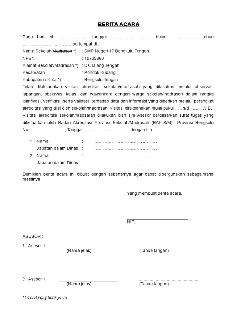 contoh Berita Acara Pelaksanaan Visitasi Akreditasi SM 2018