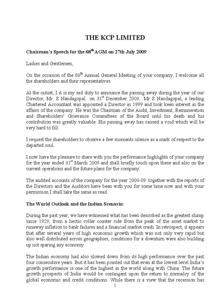 Chairman's Speech PDF Recession Economy Of India