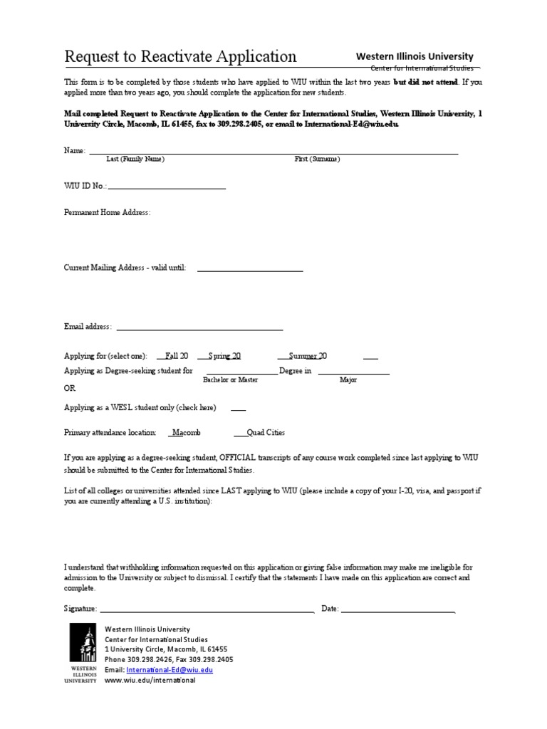 Reactivate Your WIU Application Form | PDF
