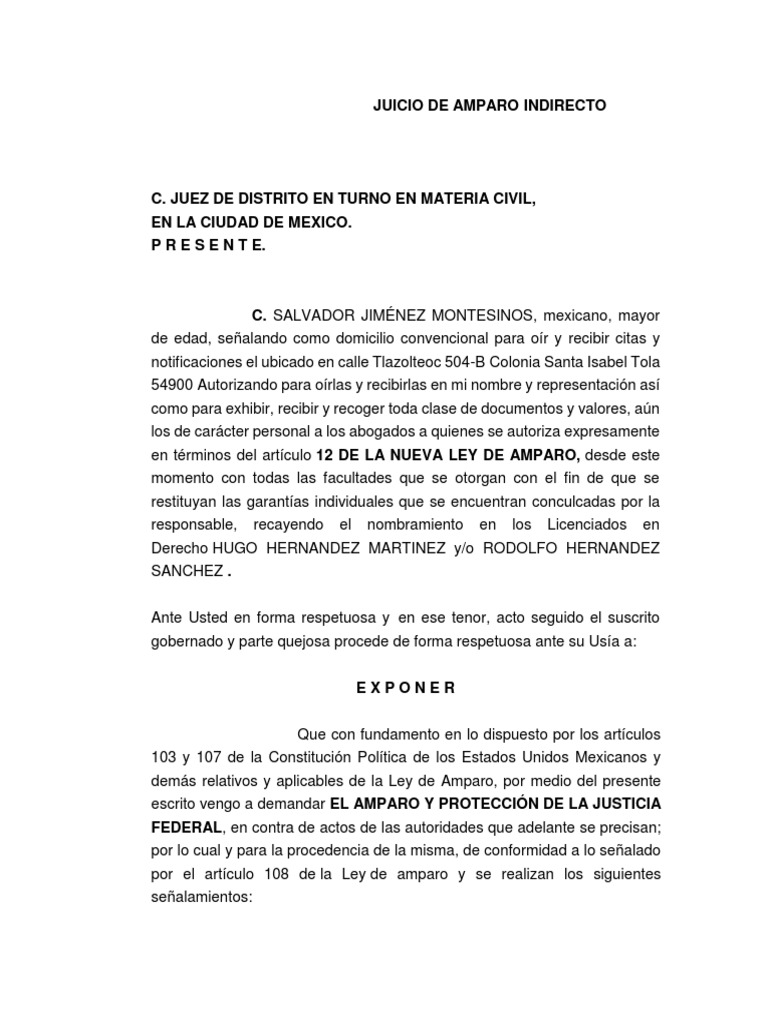 Demanda de Amparo Indirecto Civil | PDF | Derecho Constitucional ...