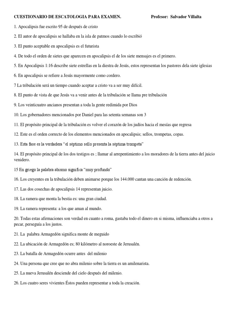 Cuestionario de Escatologia para Examen | PDF | Historia | Religión y ...