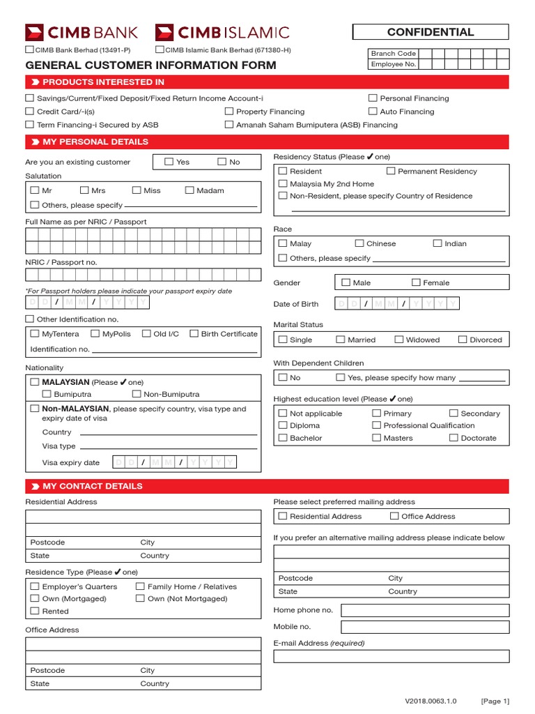 Unified Forms General Customer Information Credit Card Banks