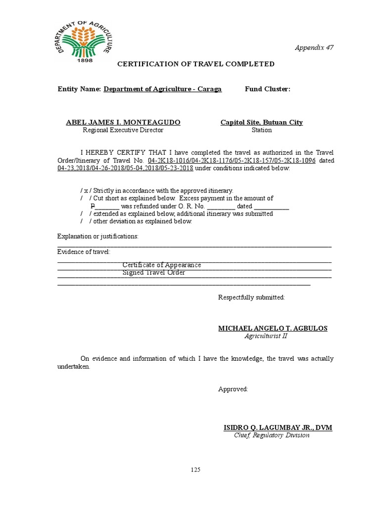 Certification of Travel Completed: Appendix 47 | PDF