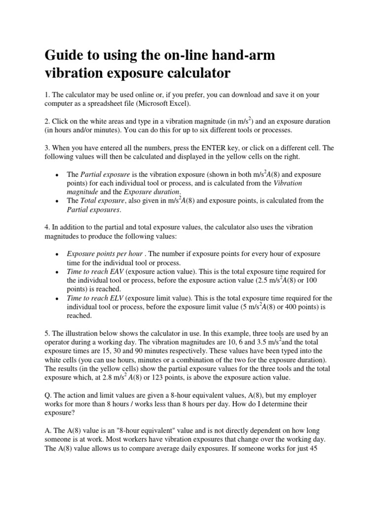 Guide to Using the online HandArm Vibration Exposure Calculator