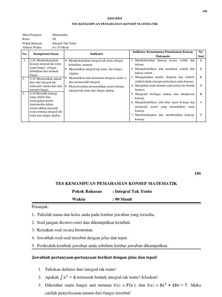 Kisi Kisi Soal Pemahaman Matematis Integral Tak Tentu
