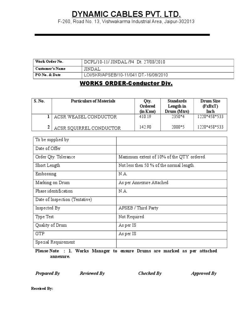 Dynamic Cables Pvt. LTD.: WORKS ORDER-Conductor Div | PDF