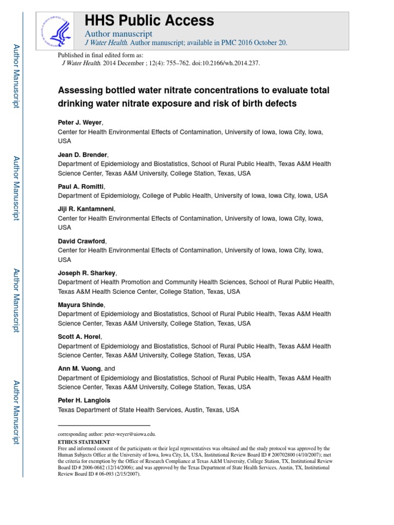 Bottled Water Nitrate Study Evaluates Birth Defect Risk PDF Drinking Water Nitrate