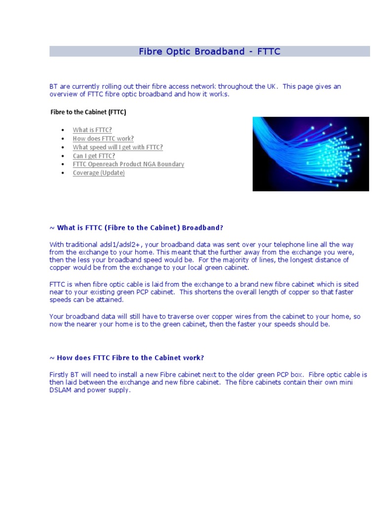 Fibre Optic Broadband - FTTC | PDF | Fiber To The X | Internet Access