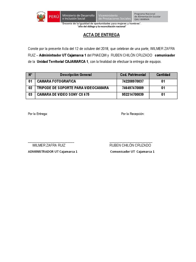 Acta De Entrega Varios 2018docx Vehículos Terrestres Bienes