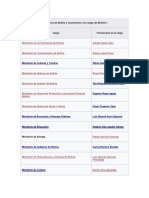 Ministerios de Bolivia y Funcionarios Con Rango de Ministro1