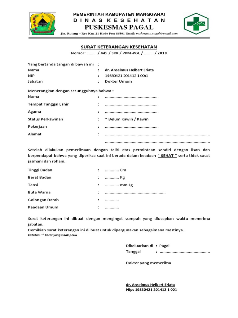Surat Ket Sehat Form Kosong 2018