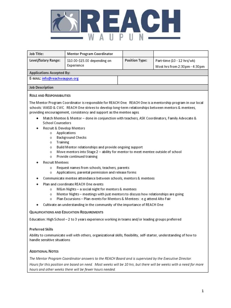 Mentor Program Coordinator Job Description PDF