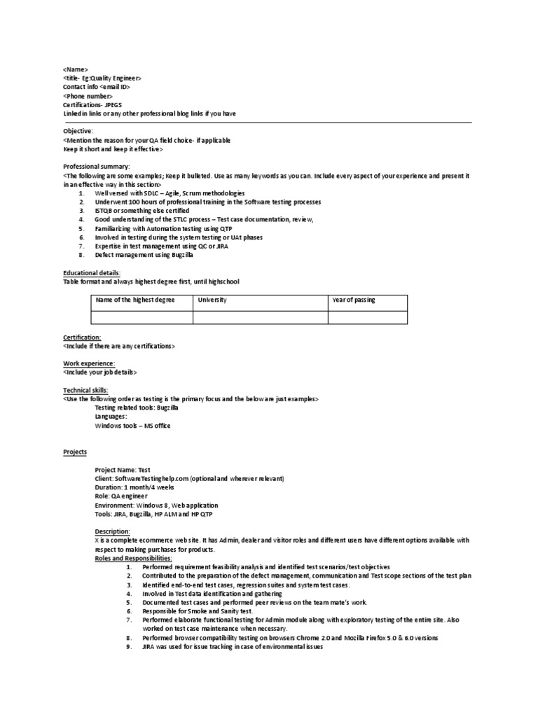 Sample Template For Software Testing QA Resume | PDF | Software Testing ...