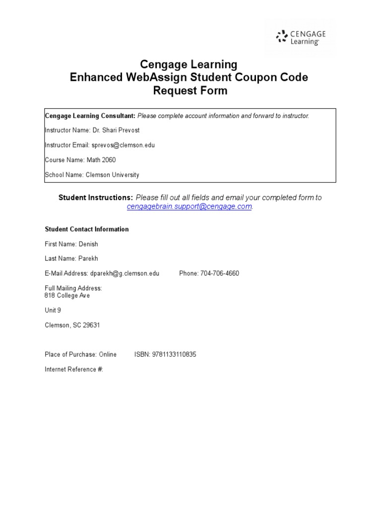 Cengage Learning Enhanced assign Student Coupon Code Request Form PDF