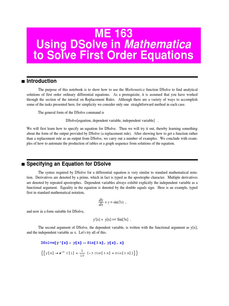 Me 163 Using Dsolve in Mathematica To Solve First Order Equations | PDF ...