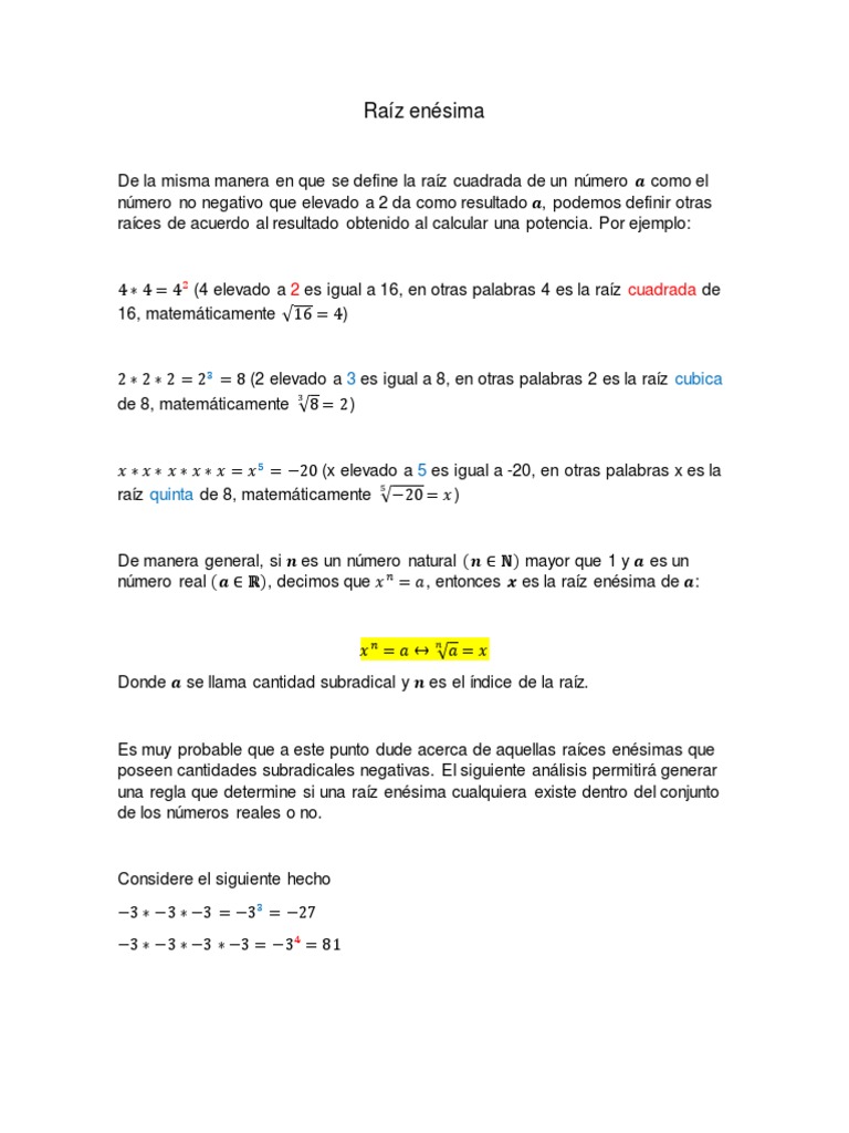 1 Raíz Enésima Pdf álgebra Números