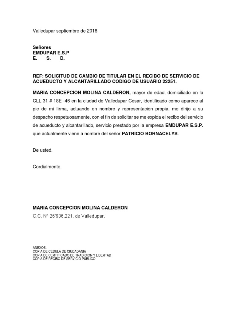 Carta Solicitud Cambio De Titular De Recibo De Servicio Publico Pdf