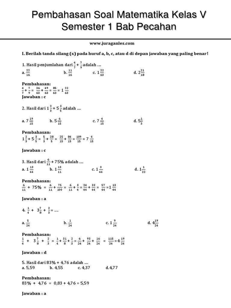 Soal Matematika Kelas 5 K13 Bab Pecahan Plus Jawaban
