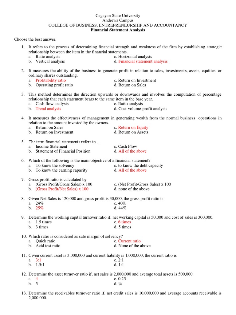 Financial Statement Analysis Exam Prelims With Answers PDF Revenue