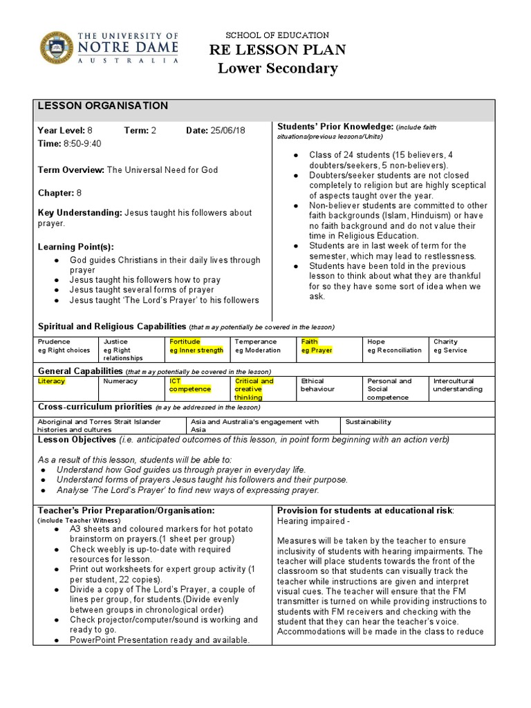 Year 8 Religious Education Lesson Plan | PDF | Educational Assessment ...