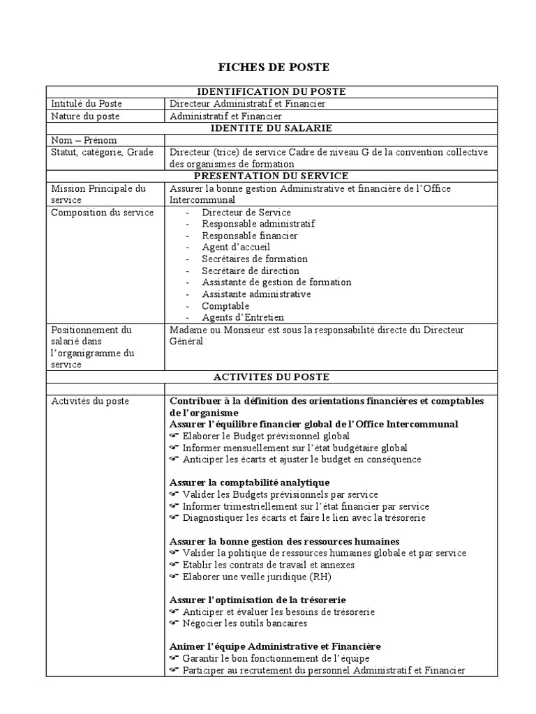 Fiche De Poste Directeur Financier