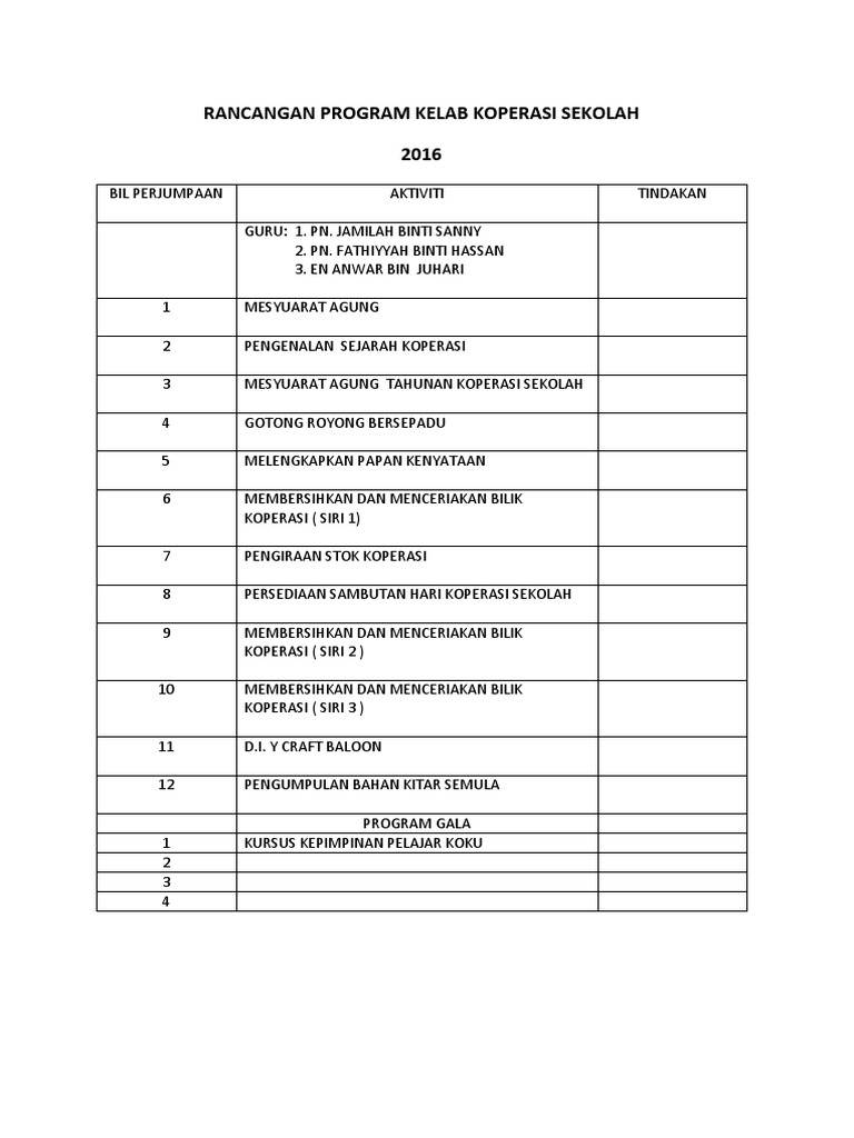 Rancangan Tahunan Kelab Koperasi 2016 Pdf