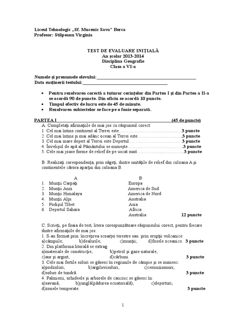 Test de Evaluare Initiala Clasa A Via | PDF
