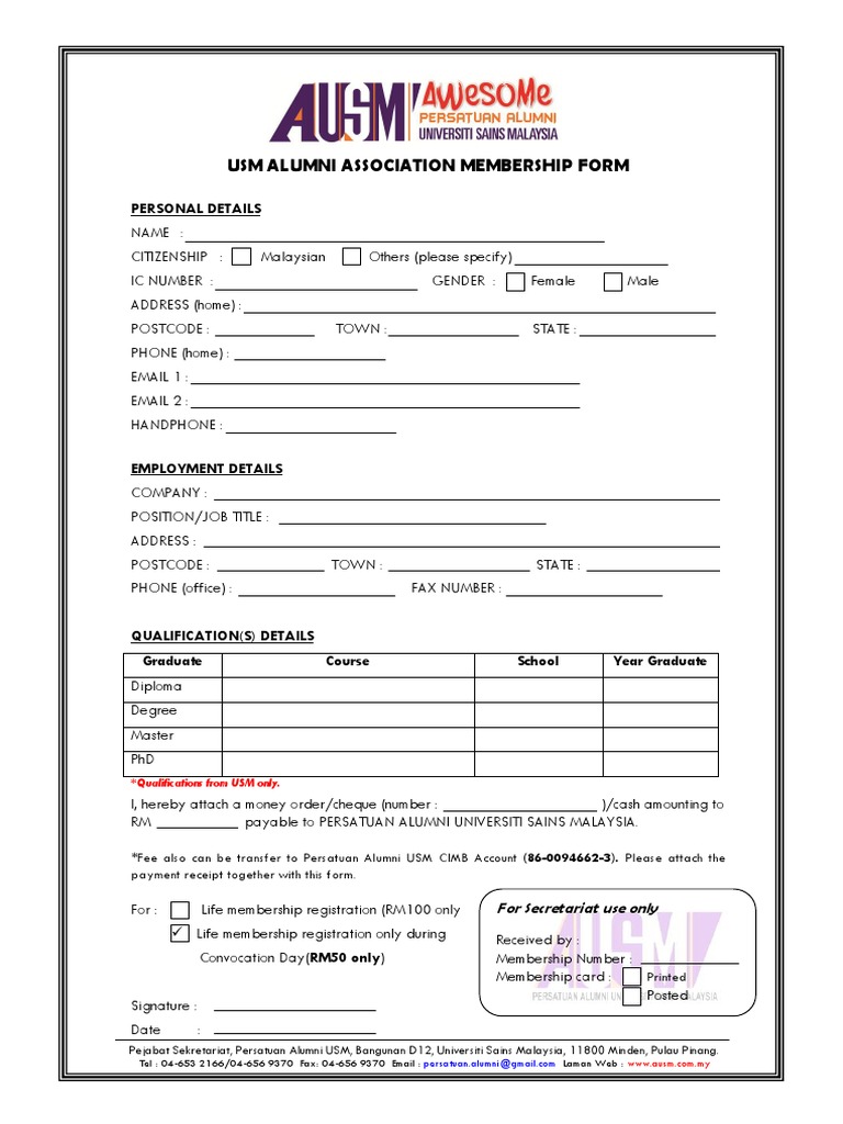 Usm Alumni Association Membership Form: Personal Details | PDF ...