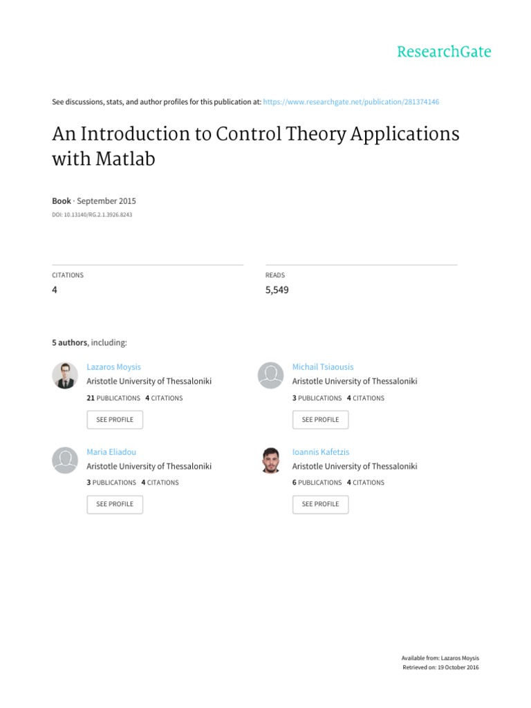 An Introduction To Control Theory Applications With Matlab – GLGT