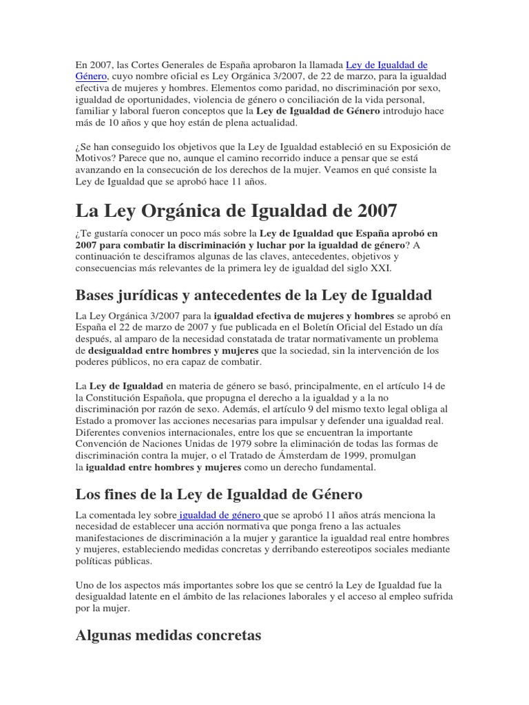 Ley de Igualdad de Género en España 2007 | PDF | Igualdad de género ...