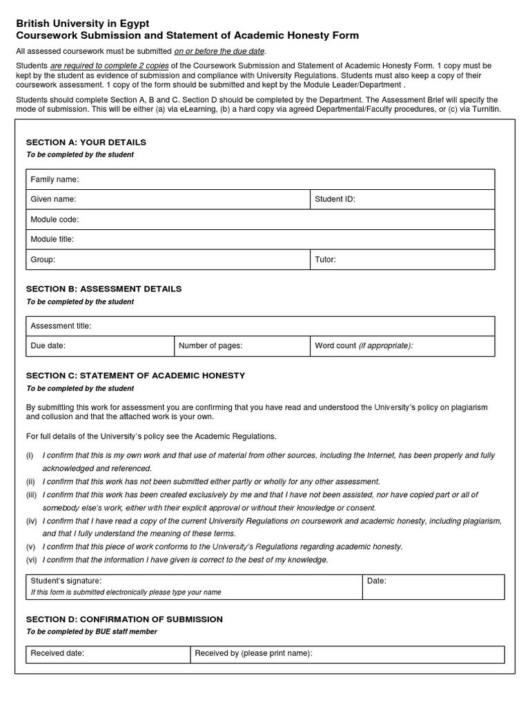 Coursework Submission Academic Honesty Form October2013 PDF | PDF