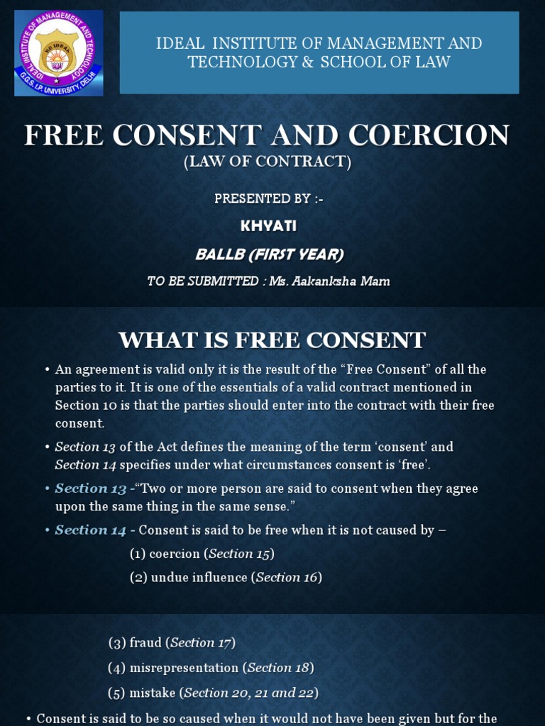 Free Consent and Coercion (Law of Contract) PDF Consent Public Law