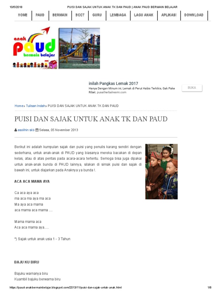 Puisi Dan Sajak Untuk Anak Tk Dan Paud Anak Paud Bermain Belajar Pdf Pdf