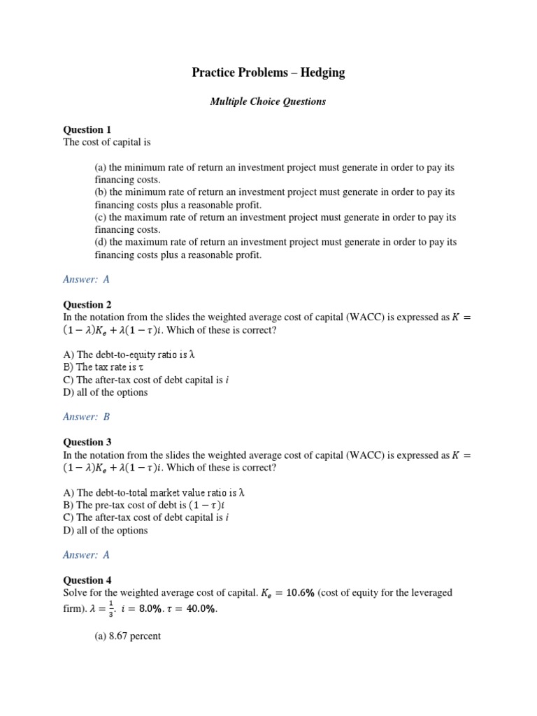 Hedging Practice Problems and Solutions | PDF | Cost Of Capital | Beta ...