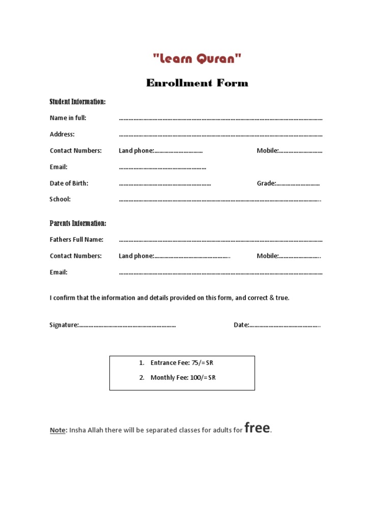 Quraan Class Enrollment Form | PDF