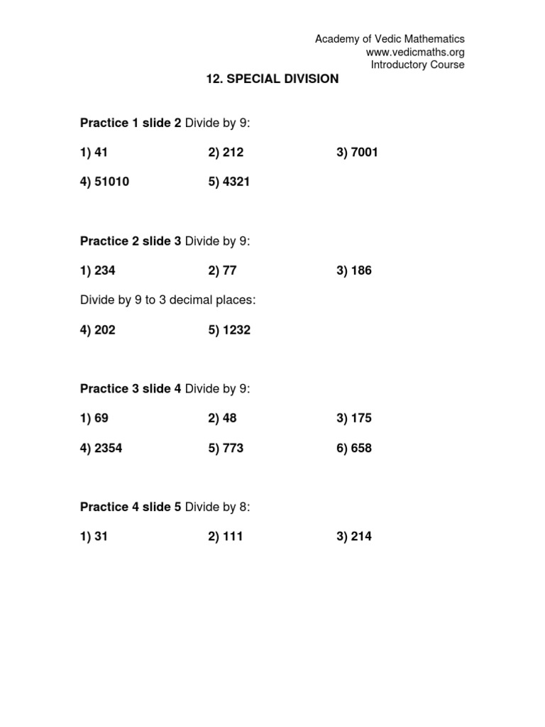 Vedic Math Division Practice Answers | PDF