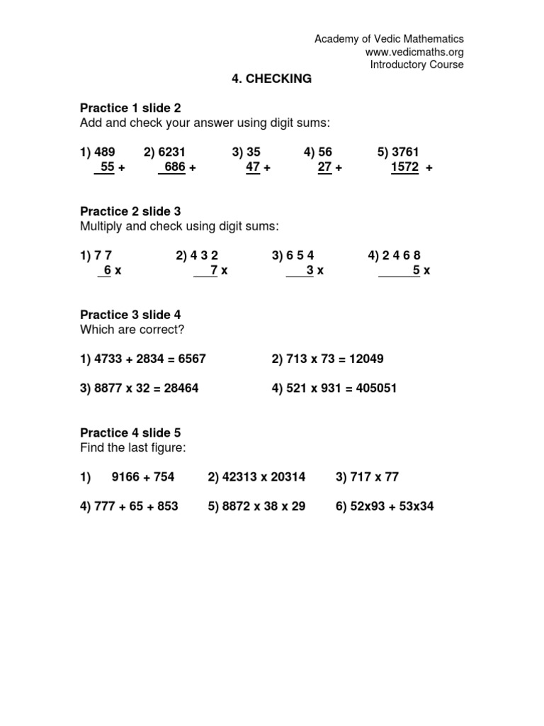 Digit Sums in Vedic Maths Practice | PDF