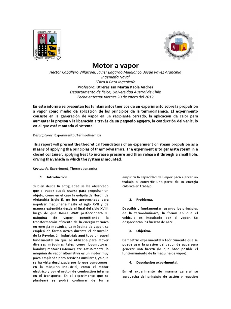 Informe II - Motor A Vapor PDF | Máquina de vapor | Calor