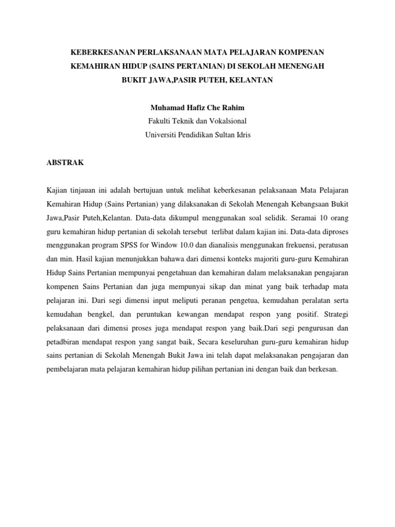 Keberkesanan Perlaksanaan Mata Pelajaran Kompenan Kemahiran 