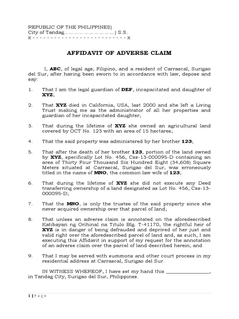 Affidavit of Adverse Claim in Philippines | PDF | Affidavit ...