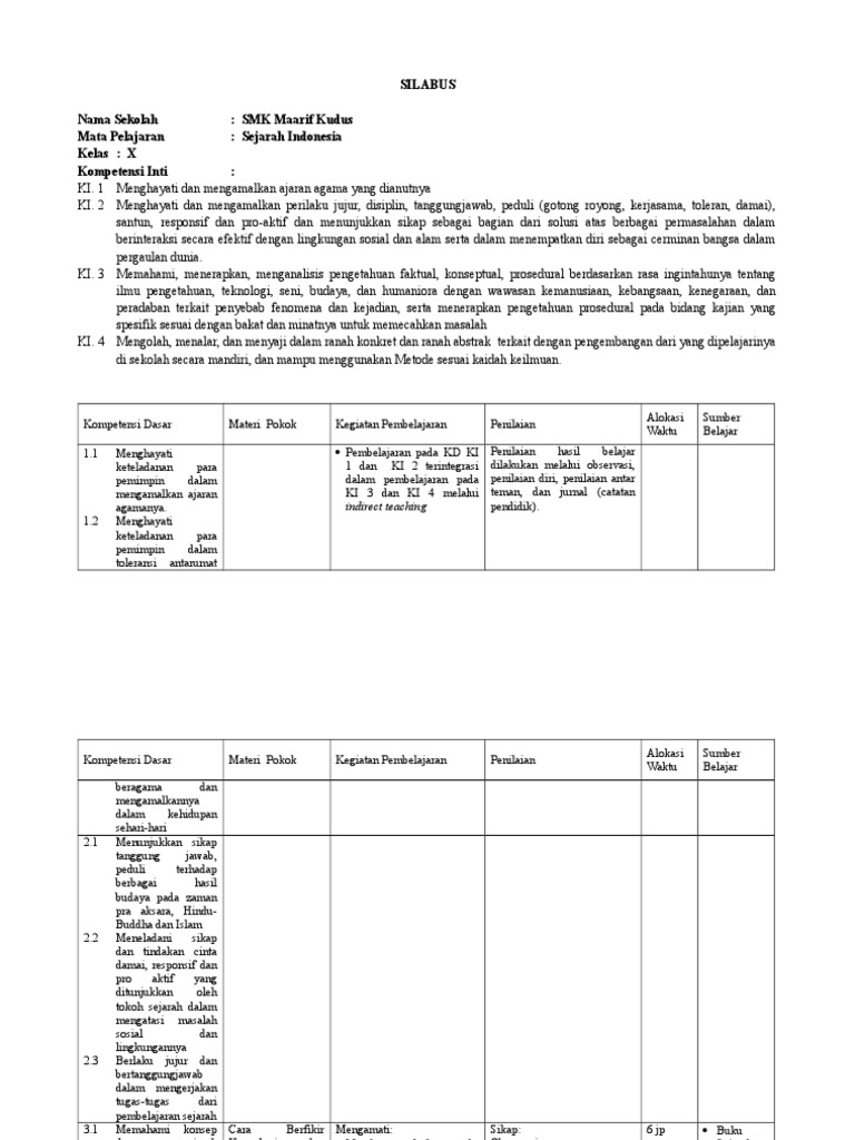 Silabus Sejarah Indonesia Kelas X SMK | PDF