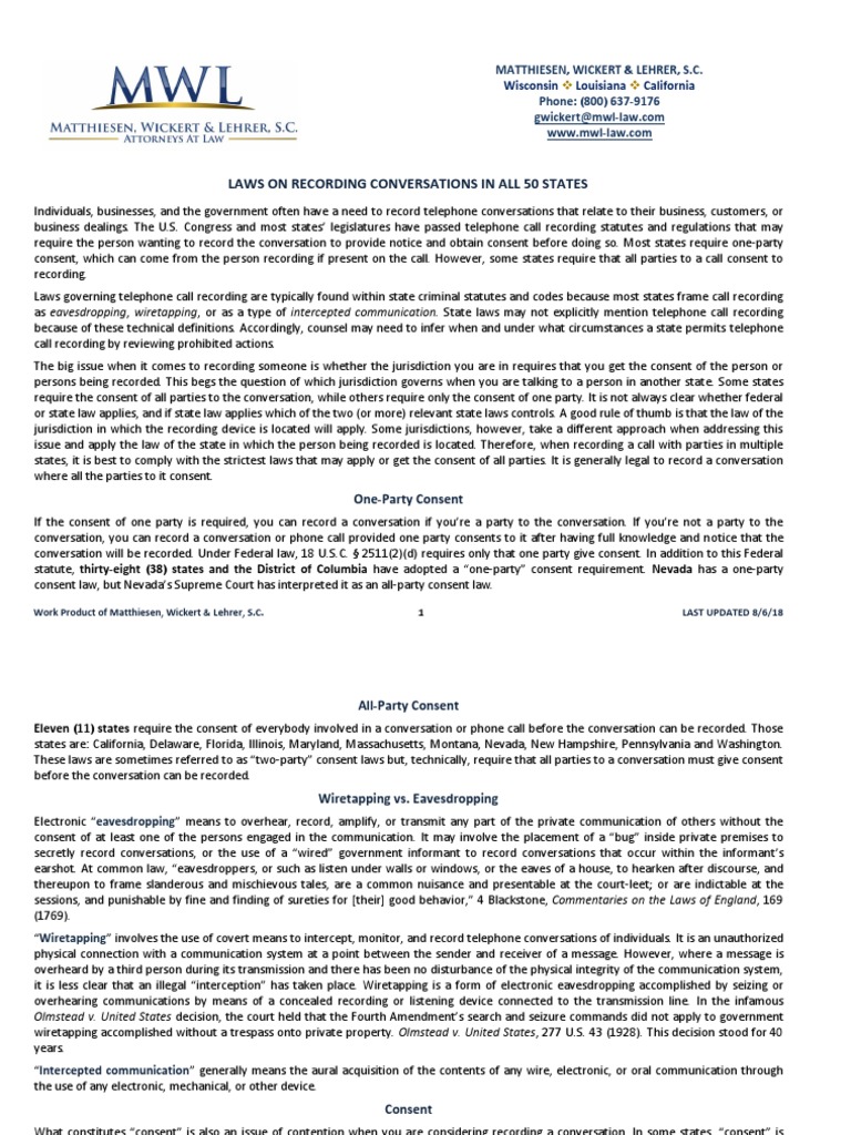 Laws On Recording Conversations Chart PDF Telephone Tapping U.S