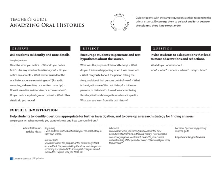 Analyzing Oral Histories PDF Oral History Question