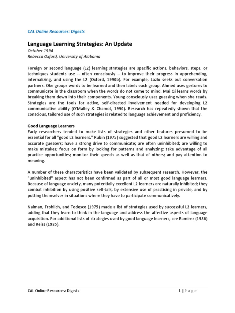 Language Learning Strategies An Update PDF Second Language