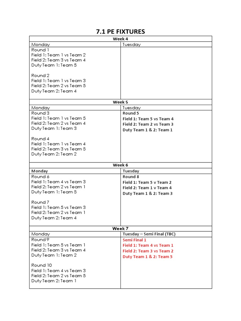 PE Fixtures Schedule Weeks 4-9 | PDF | Sports & Recreation | Teaching ...
