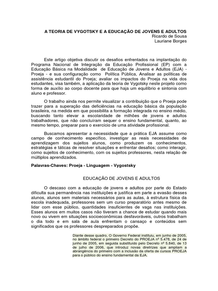 A Teoria de Vygotsky e A Educação de Jovens e Adultos - Ricardo de ...